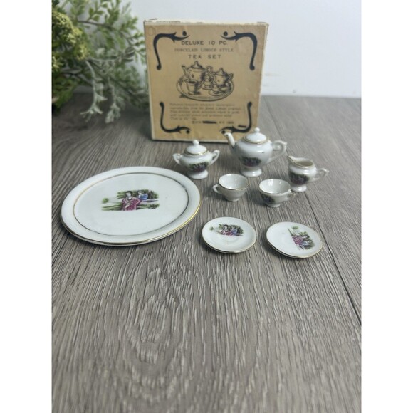 Vintage Limoges Style Miniature Tea Set Porcelain w/Courting Couple 10-pc + Box - Picture 2 of 7